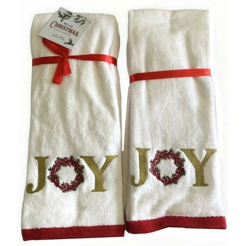 Christmas Joy Wreath Hand Towels Holiday Embroidered White Gold Winter Set of 2